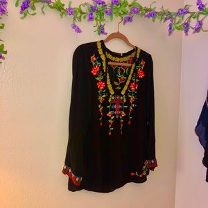 JOHNNY WAS VINTAGE black multi peasant top